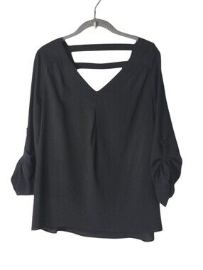 41 Hawthorn Black Chiffon Blouse Office Siren Cutout Back M Career    Workwear